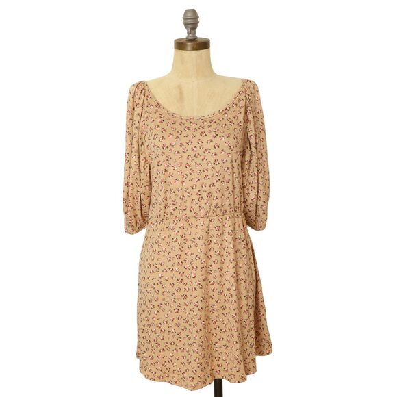 VELVET TORCH Puff Sleeve Mini Dress S Sage Ditsy Floral Print Light Brown NWT A4 - Picture 1 of 5